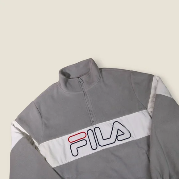 FILA Vintage Retro Men’s 1/2 Zip Fleece Jacket Y2K Medium Grey White - Picture 2 of 8